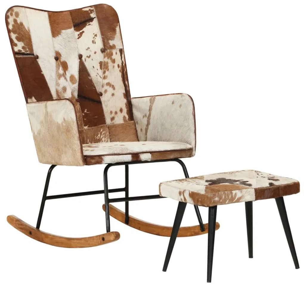 339705 vidaXL Scaun balansoar cu taburet, maro, piele naturală