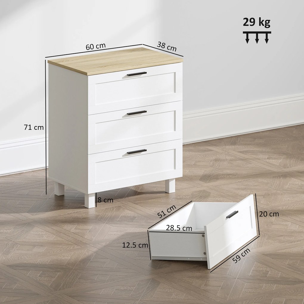 HOMCOM Comodă Modernă cu 3 Sertare 60x38x71 cm Albă și Culoare Lemn | Aosom Romania