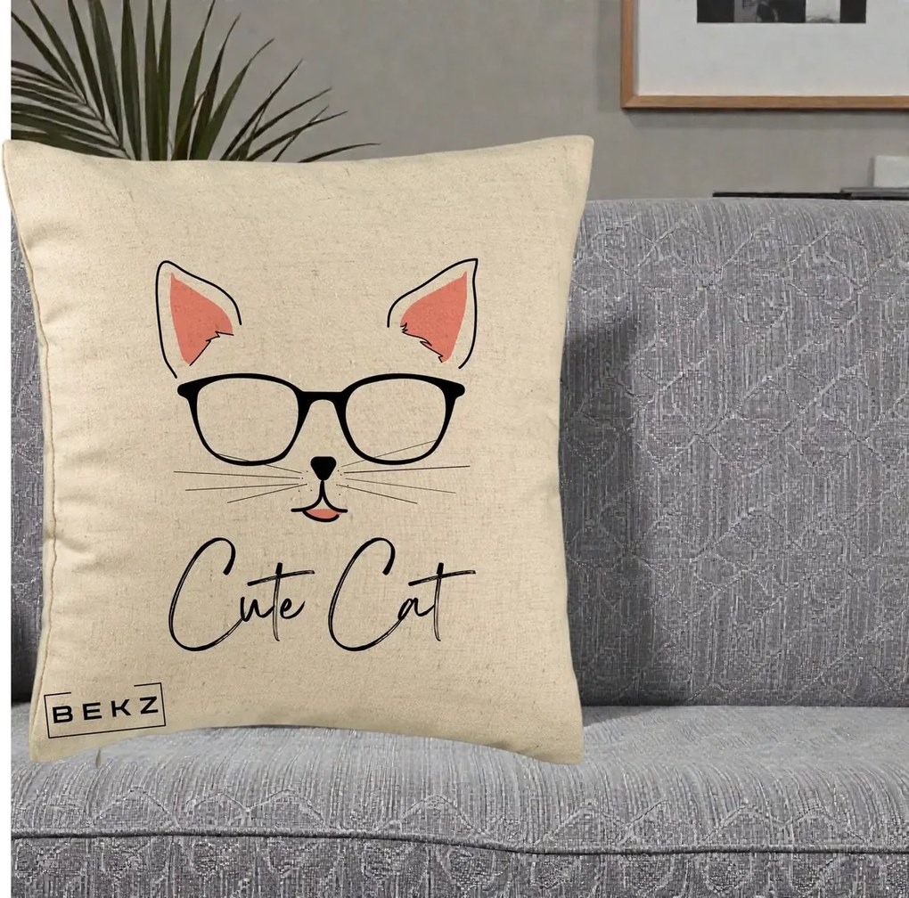 Perna Personalizata Cute Cat cu Ochelari, 40x40 cm, Bej, Husa Detasabila, Perna Inclusa, BEKZ®