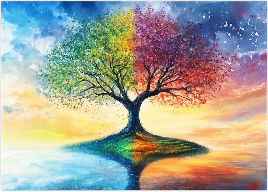 Tablou pe sticlă – Arbore pictat al anotimpurilor (70x50 cm)