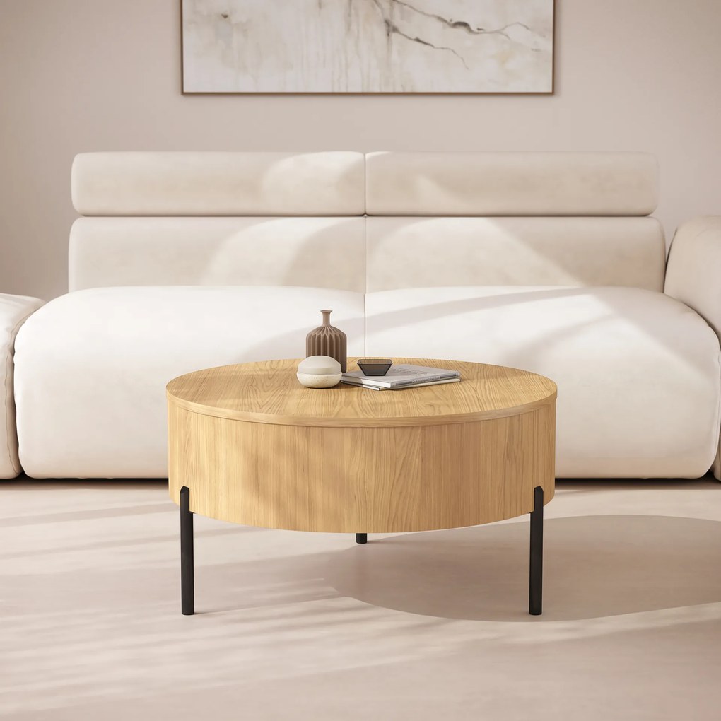 Mazzoni FRIDA Stejar Natural – MĂSUȚĂ DE CAFEA MODERNĂ CU BLAT RABATABIL ȘI SPAȚIU DE DEPOZITARE