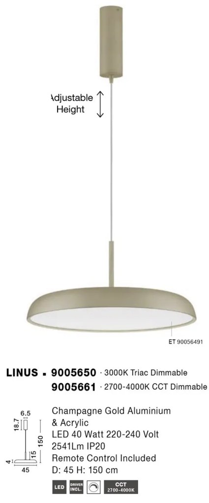 Lustra LED suspendata dimabila cu telecomanda LINUS D-45cm