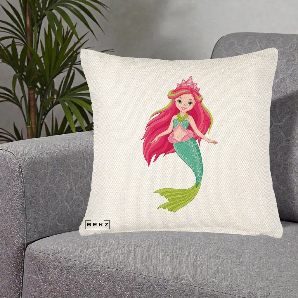 Perna Decorativa Sirena Roz cu Coroana, 40x40 cm, Crem Reliefat, Husa Detasabila, Perna Inclusa, BEKZ®