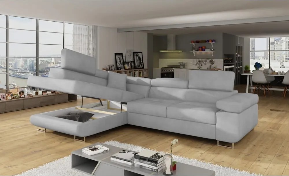 Colțar gri deschis extensibil/cu spațiu de depozitare cu tapițerie din catifea (cu colț pe partea stângă/în formă de ”L”) Anton – ELTAP