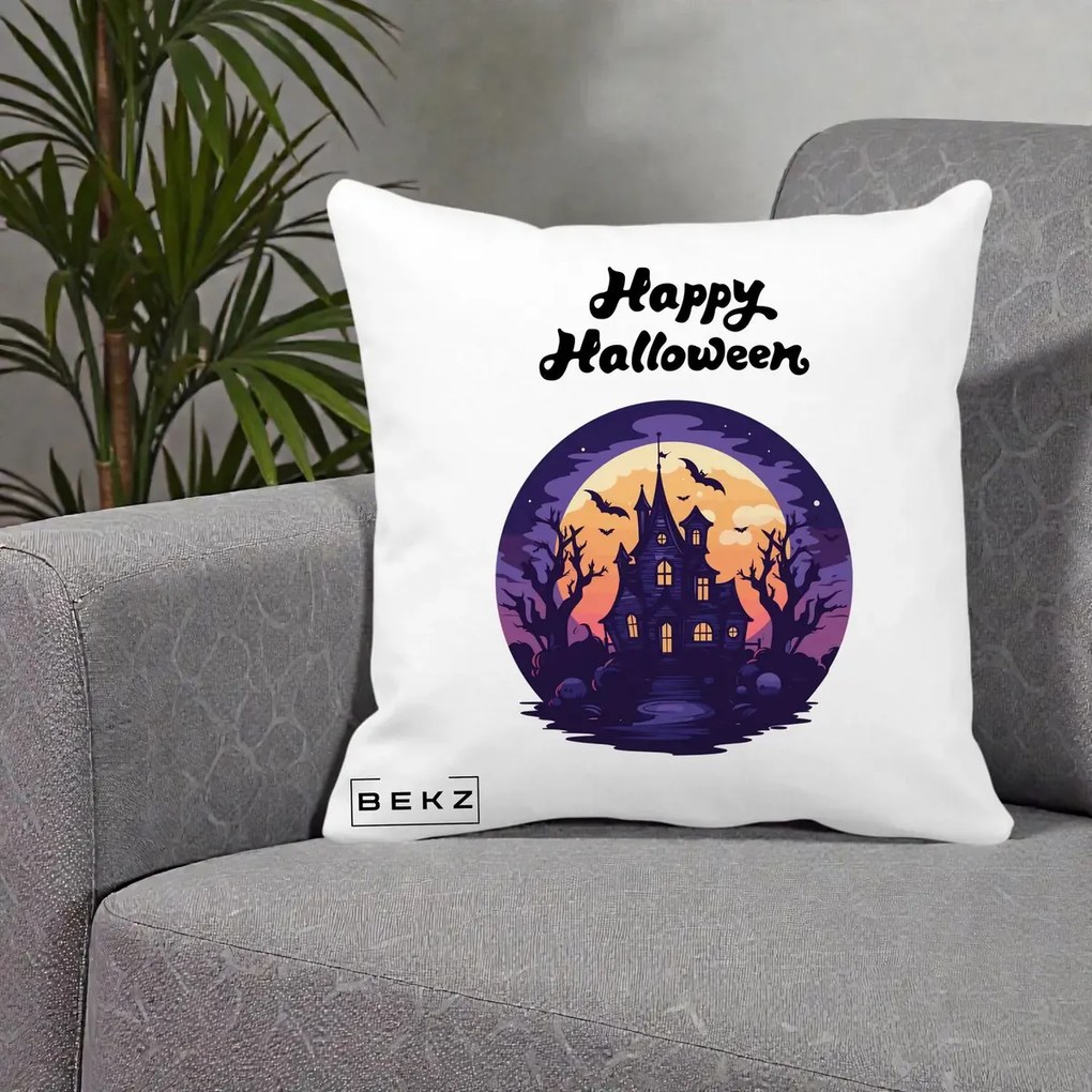 Perna Decorativa Happy Halloween Casa Bantuita Violet, 40x40 cm, Alba Mata, Husa Detasabila, Perna Inclusa, BEKZ®