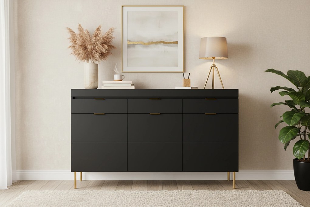 Comodă cu trei uși și trei sertare Sentia 157 - negru / auriu