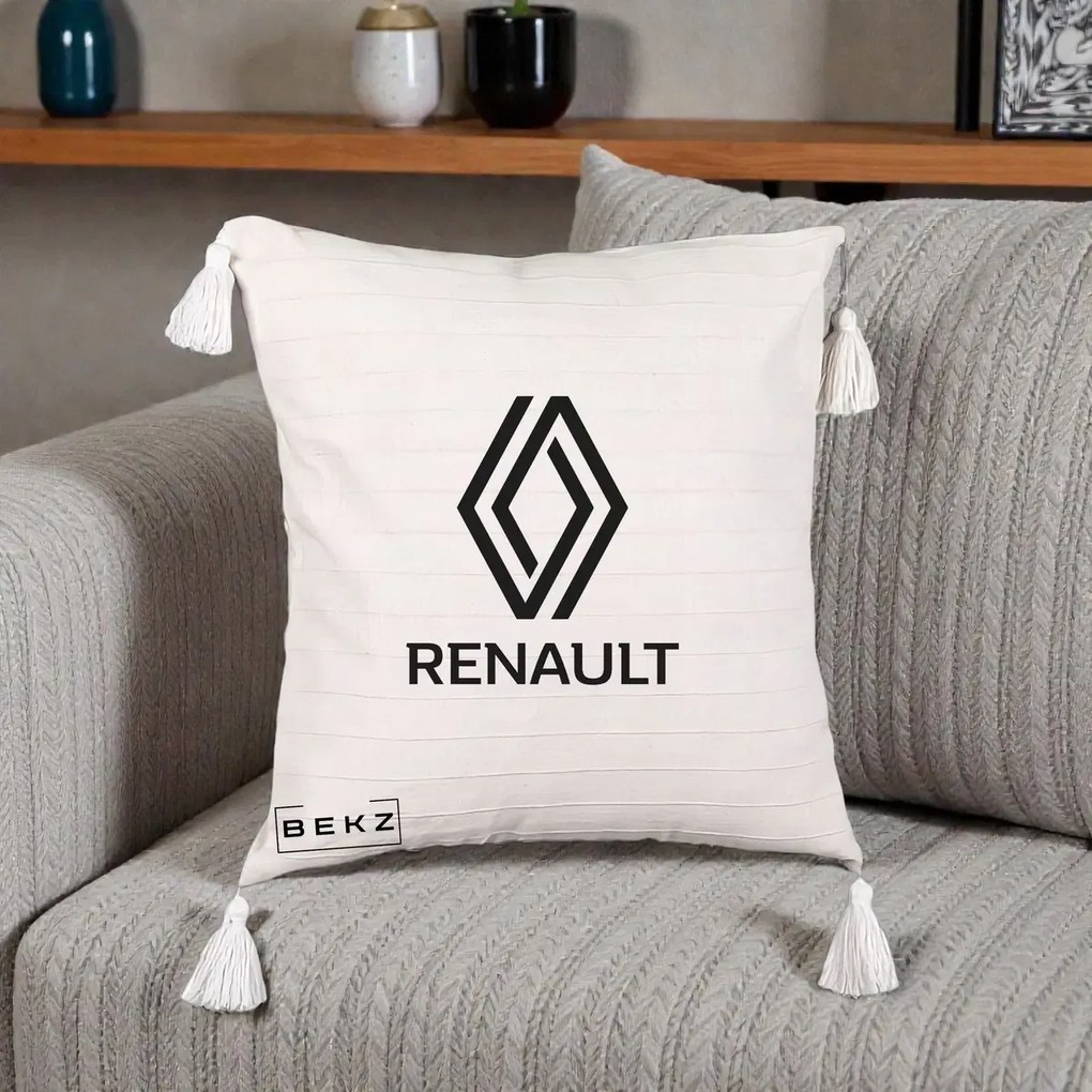 Perna Personalizata cu emblema Renault, 40x40 cm, Bej cu Franjuri, Husa Detasabila, Perna Inclusa, BEKZ®