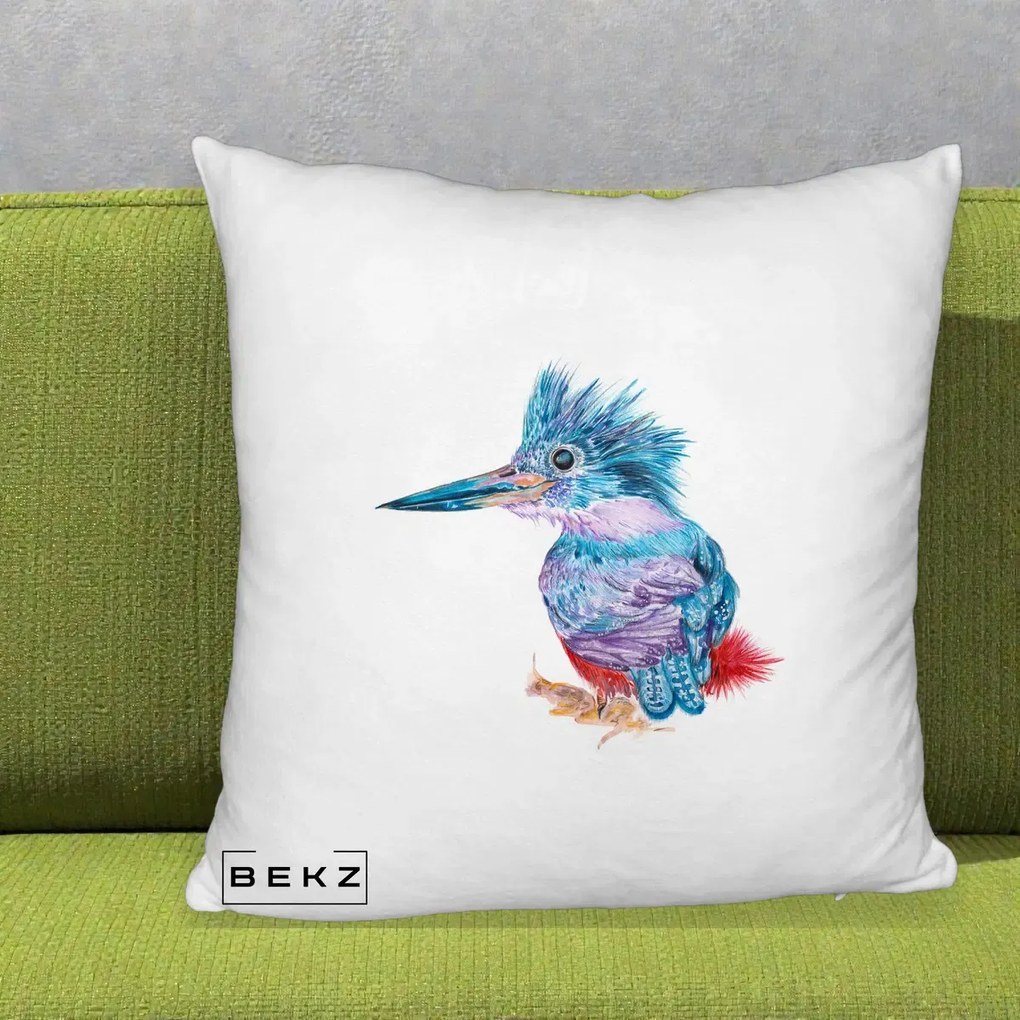 Perna Decorativa Pasare Martin Pescar Acuarela Albastru-Mov, 40x40 cm, Alb Pufos, Husa Detasabila, Perna Inclusa, BEKZ®