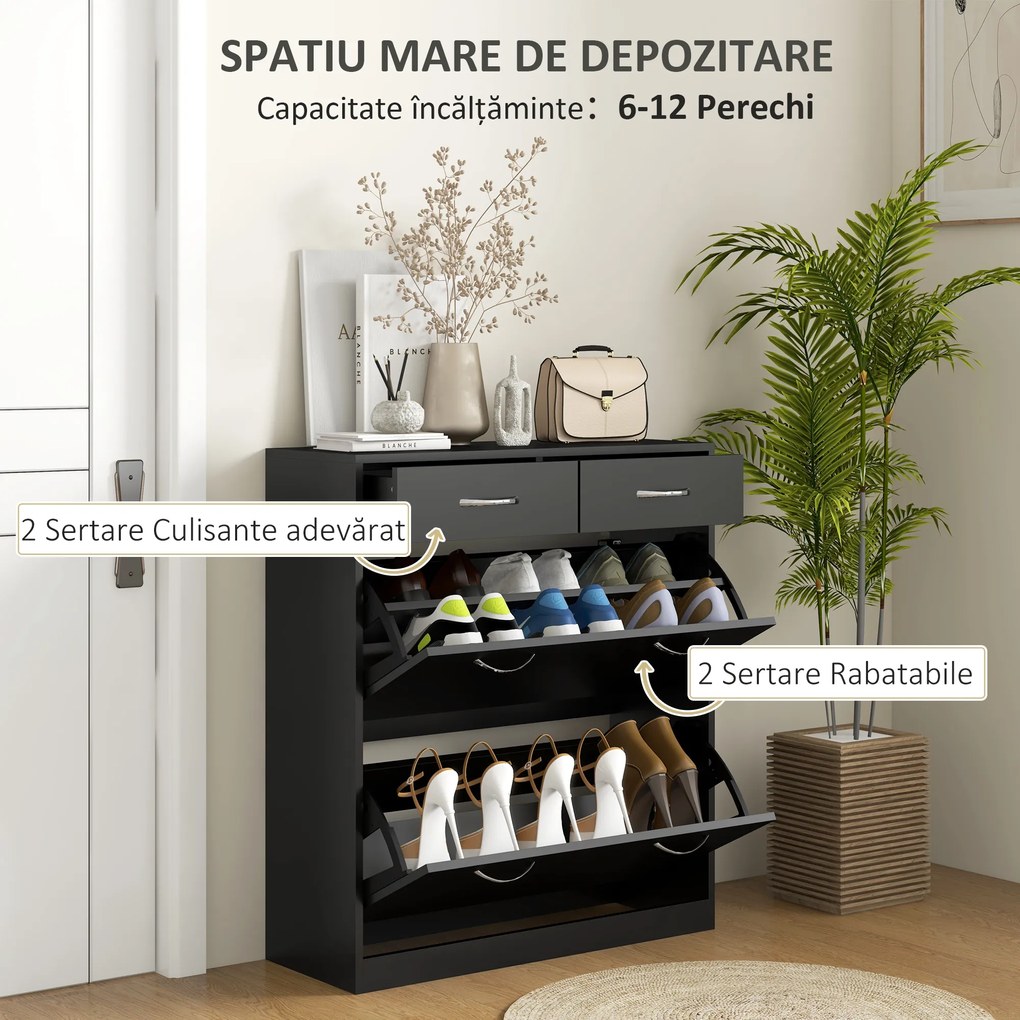 HOMCOM Dulap pentru Pantofi Modern cu 2 Rafturi Regabile și 2 Sertare din Lemn Negru | Aosom Romania