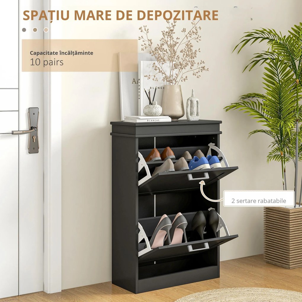 HOMCOM Dulap pentru Pantofi cu 2 Sertare pentru 10 Perechi de Pantofi, Mobilier cu Raft Reglabil, 54x24x82,5 cm, Negru | Aosom Romania