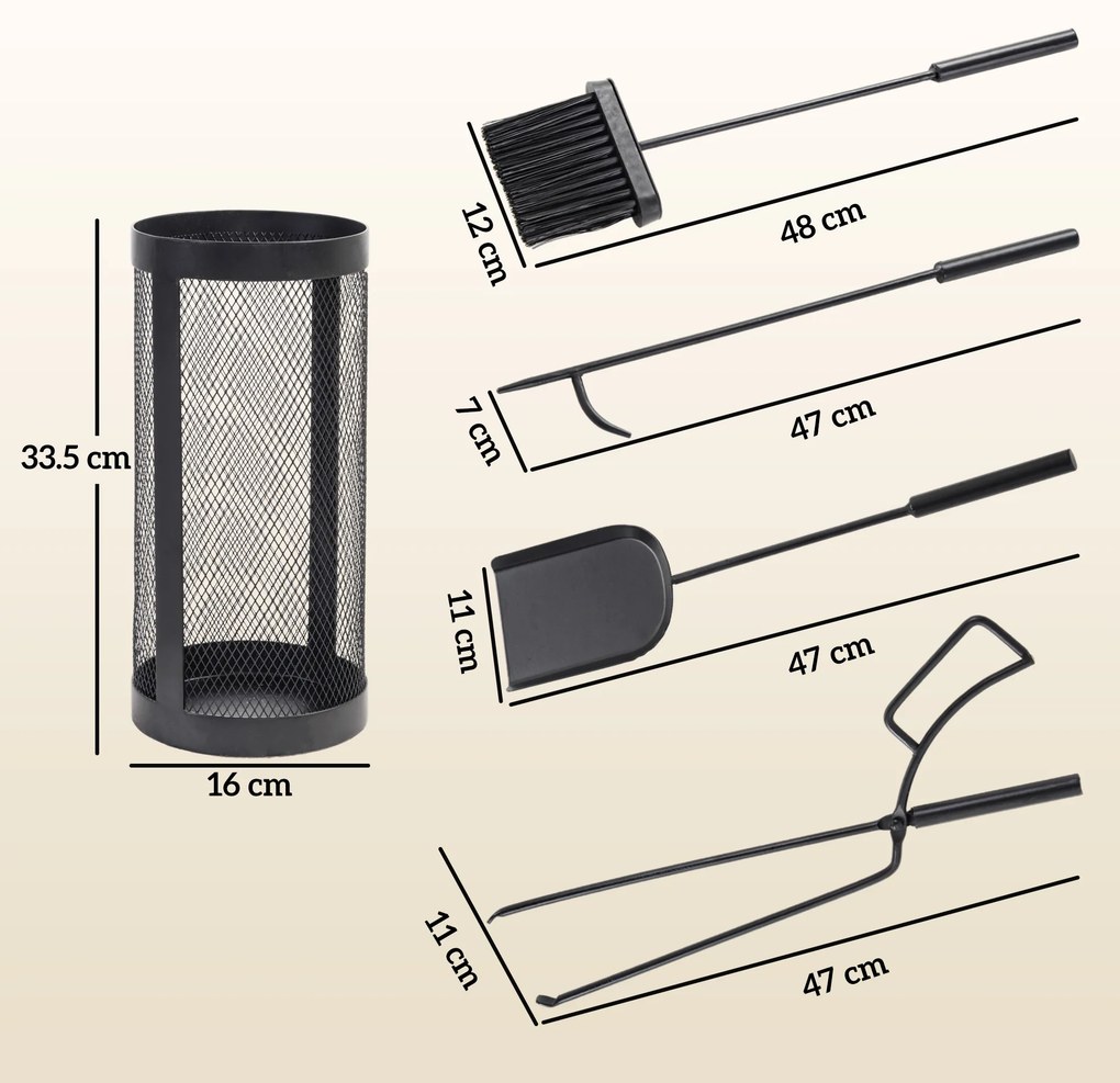 Outsunny Set Accesorii Șemineu 5 Piese Metal cu Coș Mătură Lopată Clești Negru | Aosom Romania