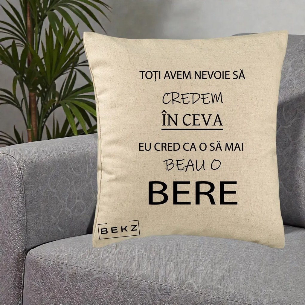 Perna Decorativa Eu Cred ca mai Beau o Bere, 40x40 cm, Bej, Husa Detasabila, Perna Inclusa, BEKZ®