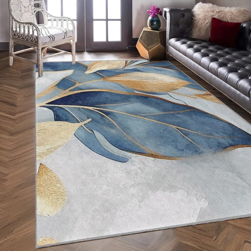 Covor albastru/auriu lavabil 120x180 cm Golden Leaves – Mila Home