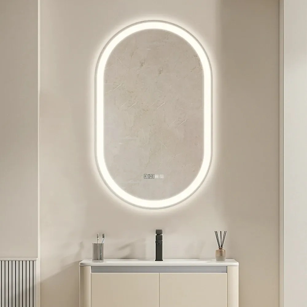 Oglindă baie, Multifuncțională, Iluminare LED Touch, Sistem Dezaburire, Ceas electronic încorporat, Indicator Temperatura, 80x50 cm