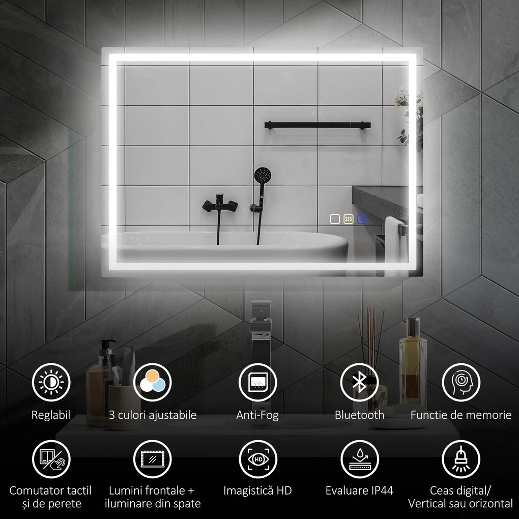 HOMCOM Oglindă Baie Antiaburire cu Lumină LED și Difuzor Bluetooth 50x70 cm | Aosom Romania