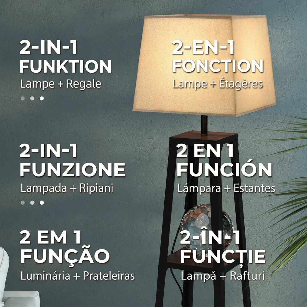 Lampa de Podea cu Rafturi, Inalta, Independenta, cu Abajur din Material Textil (Becul Nu Este Inclus), Nuc Maro si Bej, HOMCOM | Aosom Romania