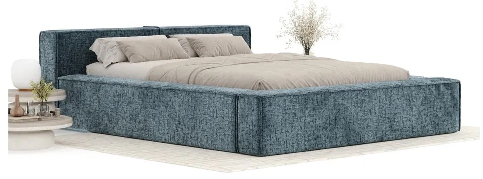 Pat matrimonial albastru prăfuit tapițat cu spațiu de depozitare cu somieră 180x200 cm Voliera – Maison de Rêve