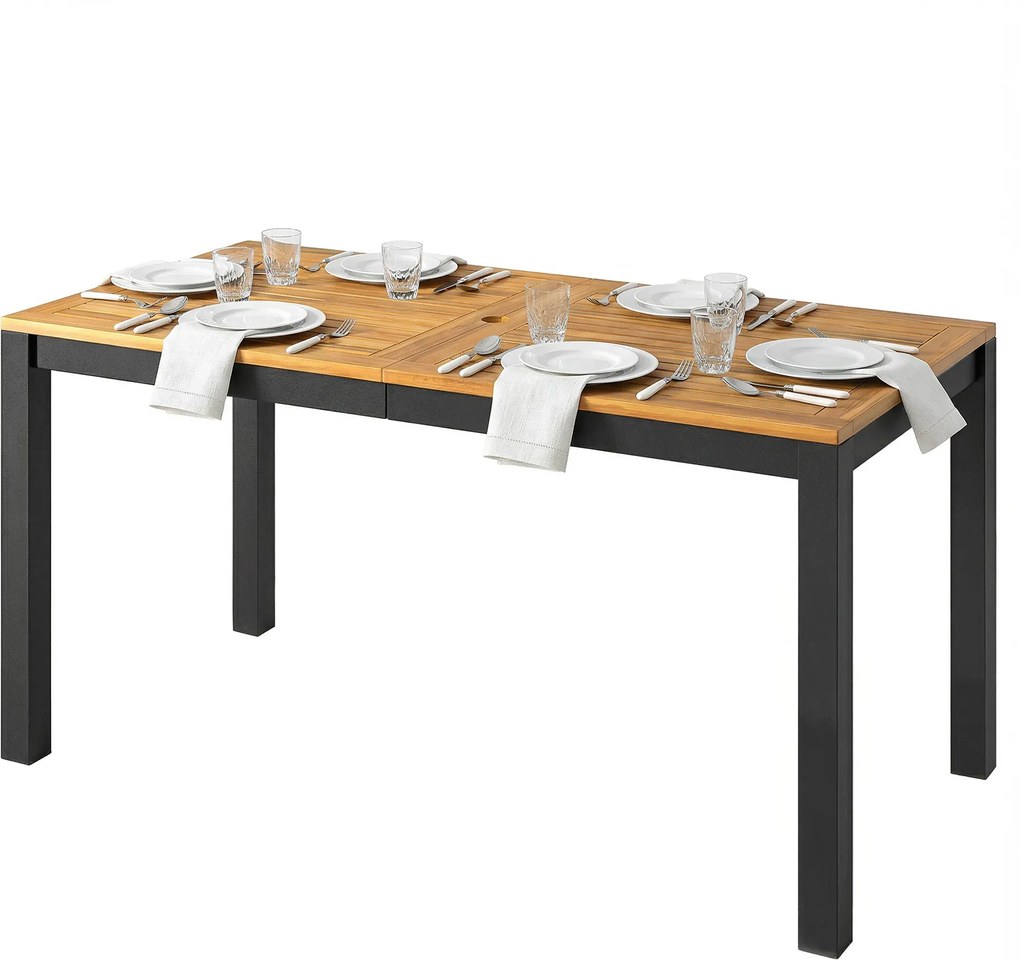 Outsunny Masă de grădină din lemn pentru 6 persoane cu suprafață din șipci, orificiu 150x75x75 cm, natural | Aosom Romania