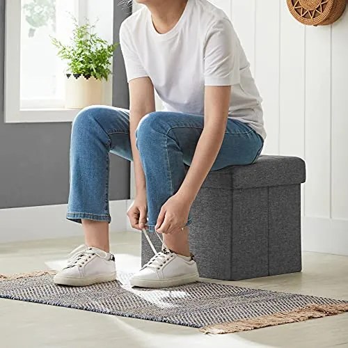 Taburet cu capac si spatiu depozitare, MDF / textil, gri inchis, Songmics