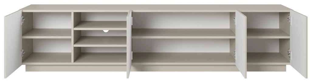 Comodă TV Asha 200 cm cu partea frontală canelat și nișă – bej cashmere