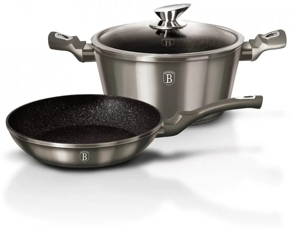 Set oala cu capac si tigaie marmorate (3 piese) din aluminiu forjat Carbon Metalic Line Berlinger Haus BH 1276N