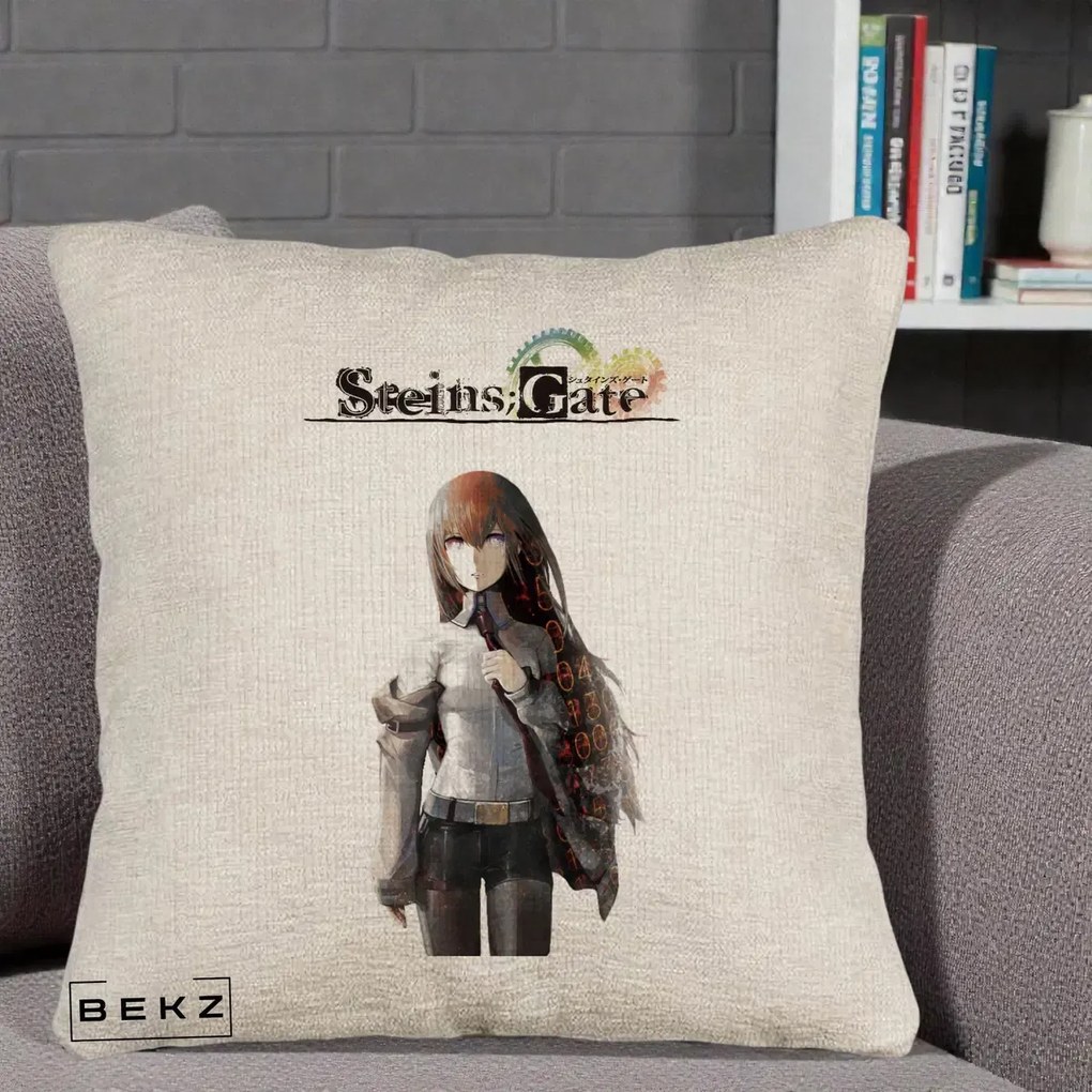 Perna Personalizata Steins Gate Kurisu Makise Anime, 40x40 cm, Bej Canapea, Husa Detasabila, Perna Inclusa, BEKZ®