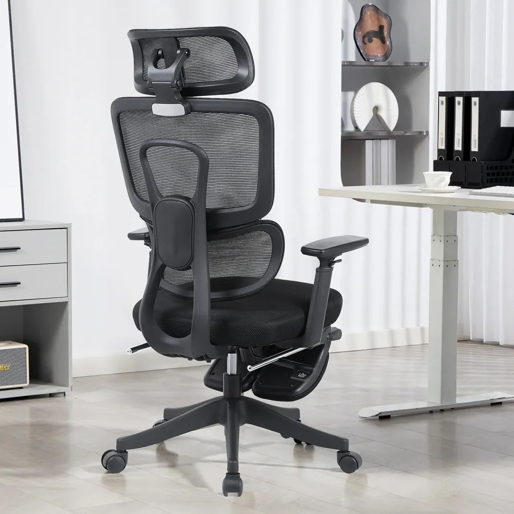 Scaun Ergonomic Premium cu Suport pentru Picioare, Reclinare 145°, Tetieră Reglabilă, Cotiere 3D, Suport Lombar Elastic și Șezut cu adâncime reglabilă, Negru