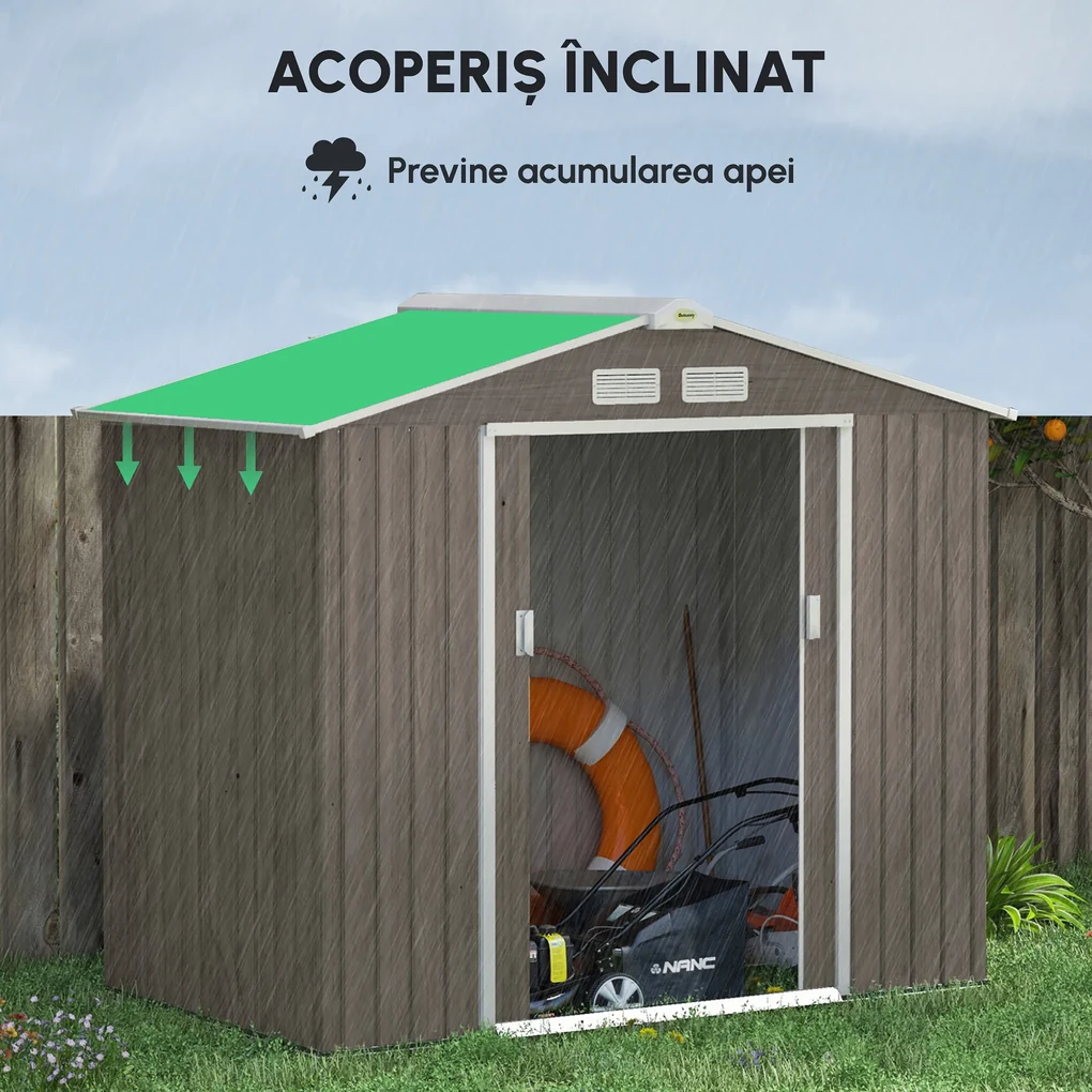 Outsunny Căsuță de Grădină pentru Unelte cu Orificii de Aerisire și Dublă Ușă Culisantă cu Blocare, 213x130x185 cm, Maro | Aosom Romania