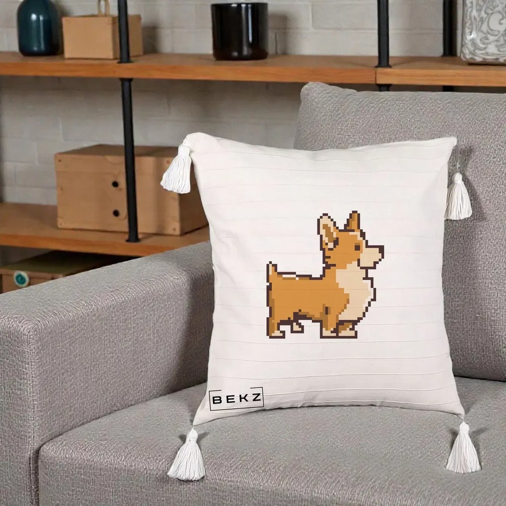 Perna Personalizata Corgi Pixel Art, 40x40 cm, Bej cu Franjuri, Husa Detasabila, Perna Inclusa, BEKZ®