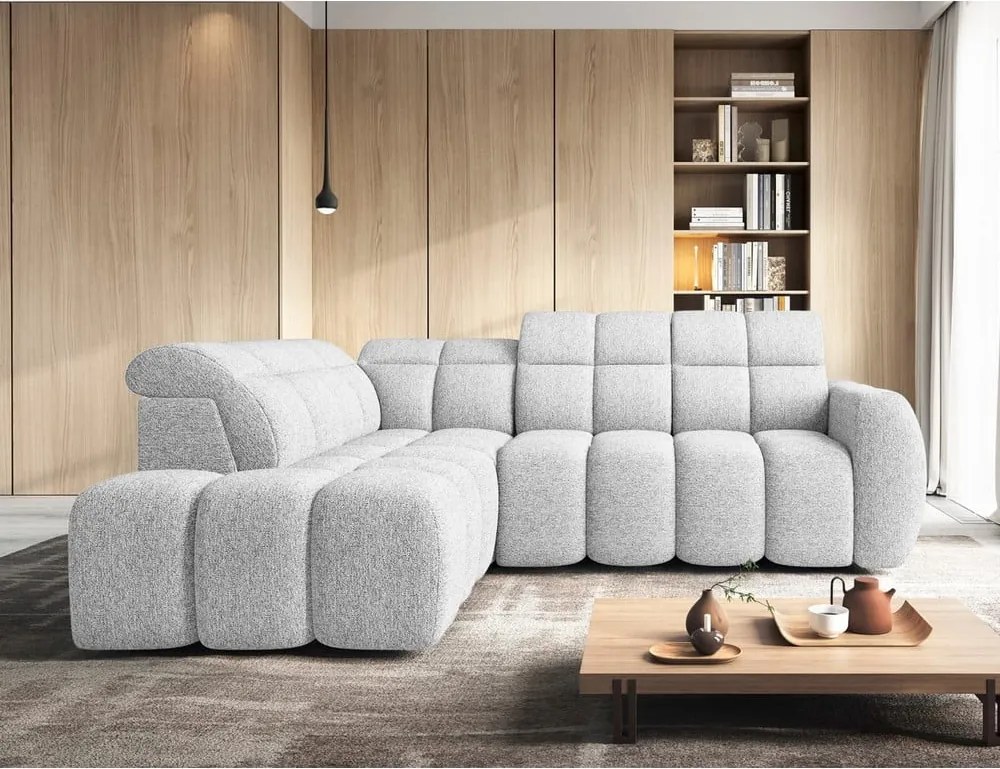 Colțar gri deschis extensibil/cu spațiu de depozitare cu tapițerie din țesătură bouclé (cu colț pe partea stângă/în formă de ”L”) Falconn – ELTAP