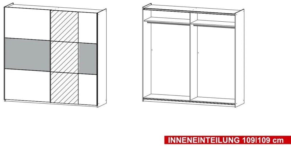 Dressing 218 cm lungime, 2 uși glisante, oglindă pe mijloc, culoare gri antracit-gri ciment, 210 cm înălțime