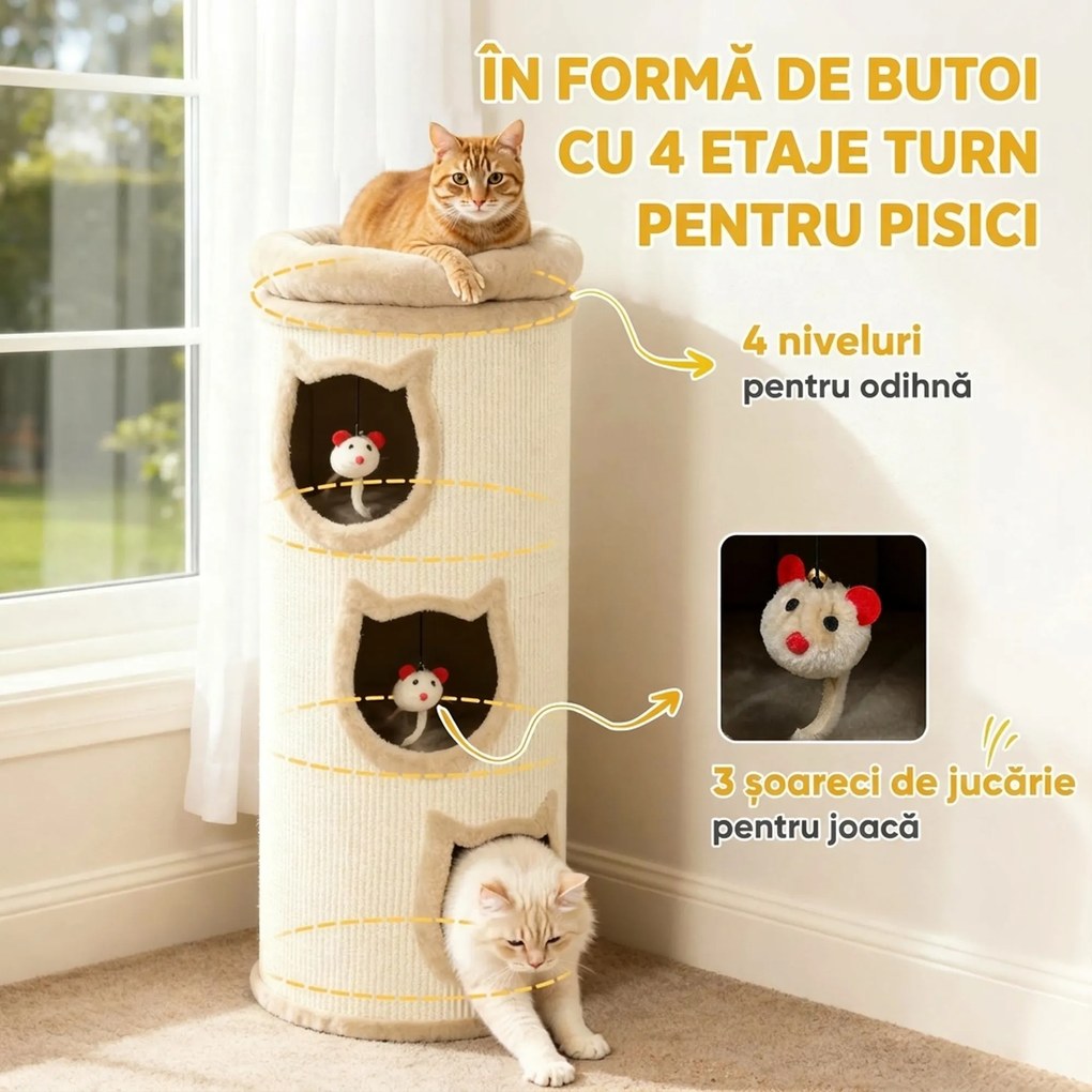 PawHut Turn de zgâriet pentru pisici de 96 cm înălțime, cu 3 căsuțe și un culcuș superior detașabil și lavabil, crem | Aosom Romania