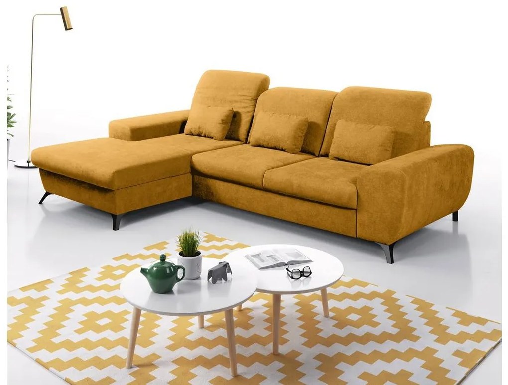 Colțar tapițat ALTA, extensibil, în L, cu spațiu de depozitare, cu latura pe stânga, galben