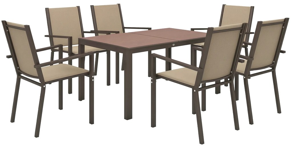 Outsunny Set de Grădină din 7 Piese cu Masă din Plastic-Lemn și 6 Fotolii Stivuibile cu Șezut și Spătar, 150x90x73 cm, Maro | Aosom Romania