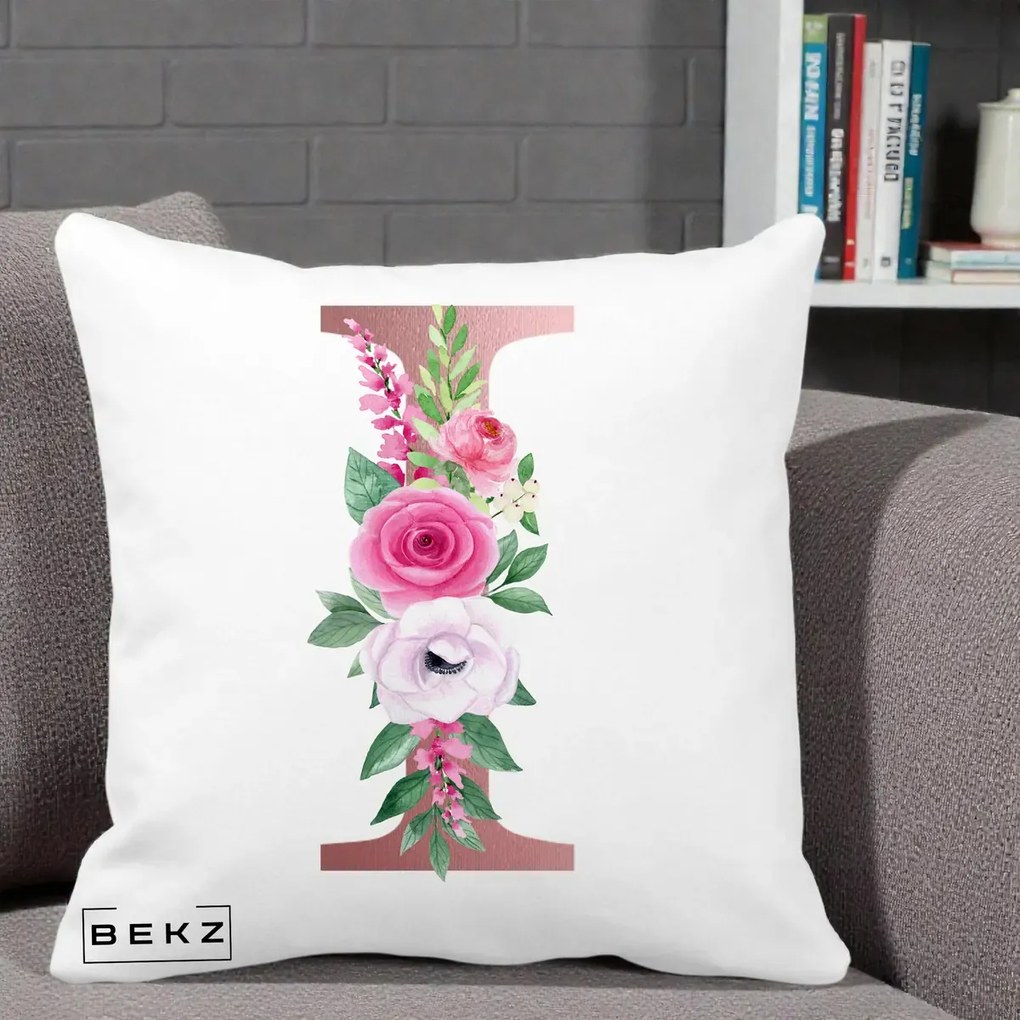 Cadou Personalizat - Perna Personalizata Monograma Rose Gold Litera I, 40x40 cm, Alba Mata, Husa Detasabila, Perna Inclusa, BEKZ®
