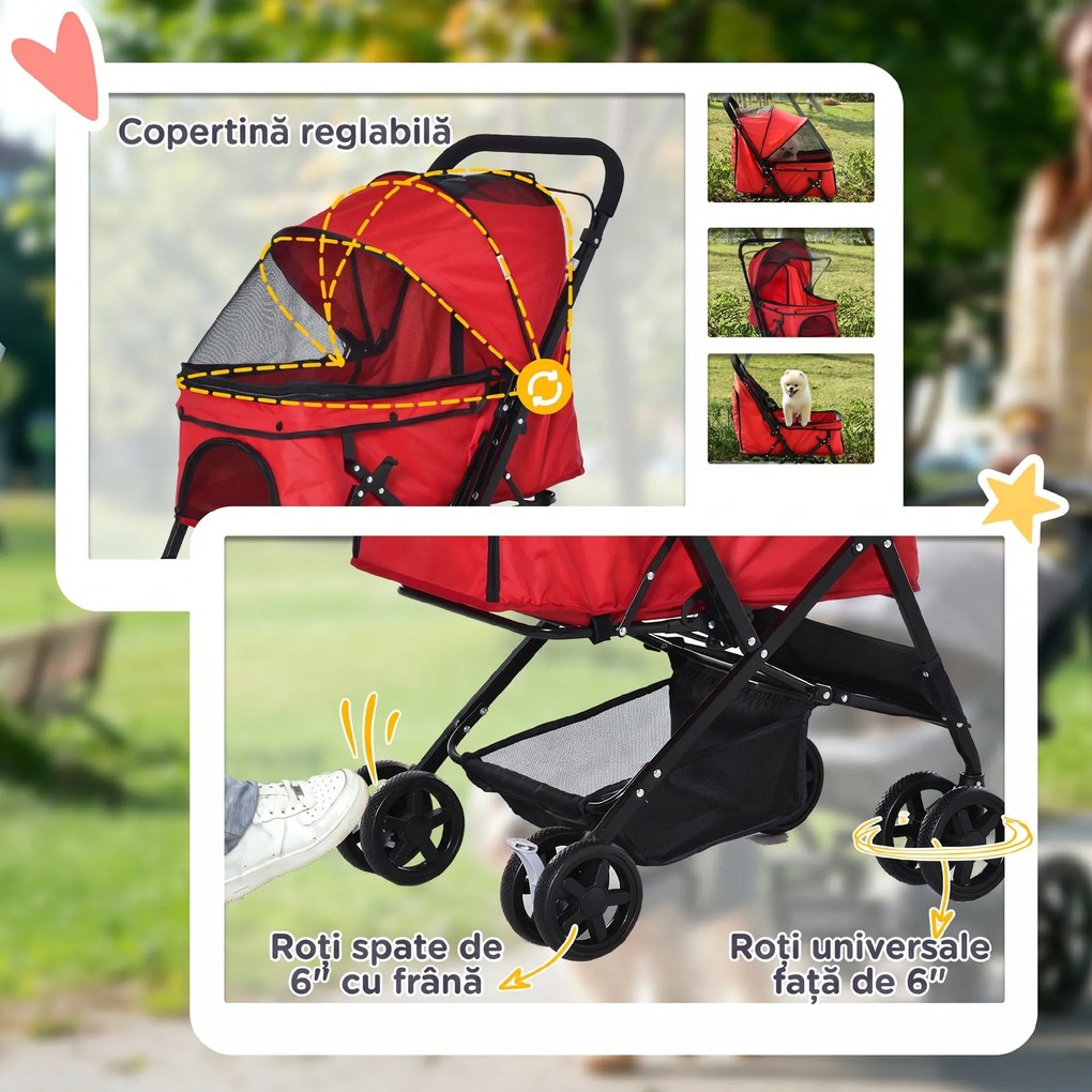 PawHut Cărucior Pliant pentru Câini Mici cu Mâner Rotativ, Roți cu Frâne și Coș de Depozitare, 76,5x52x95 cm, Roșu | Aosom Romania
