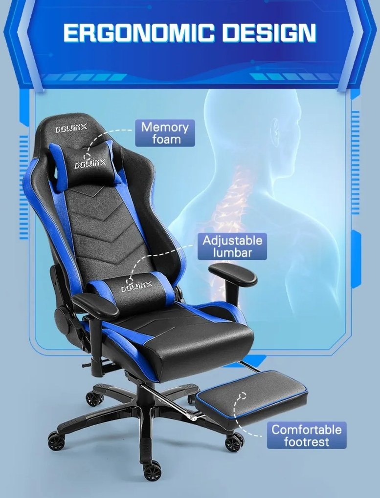 DOWINX Scaun gaming, ergonomic, suport lombar cu masaj, spătar rabatabil 90-180°, cotiere reglabile, suport pentru picioare, rezistent 150 kg, piele PU, Negru/Albastru