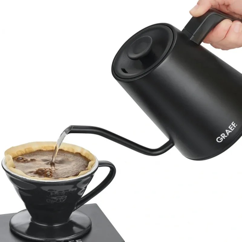 Cana electrica Graef Pour-over GK502, 1200 W, 900 ml, 40-100°C, Mentinerea caldurii, filtru, „gât de lebădă”, Negru mat