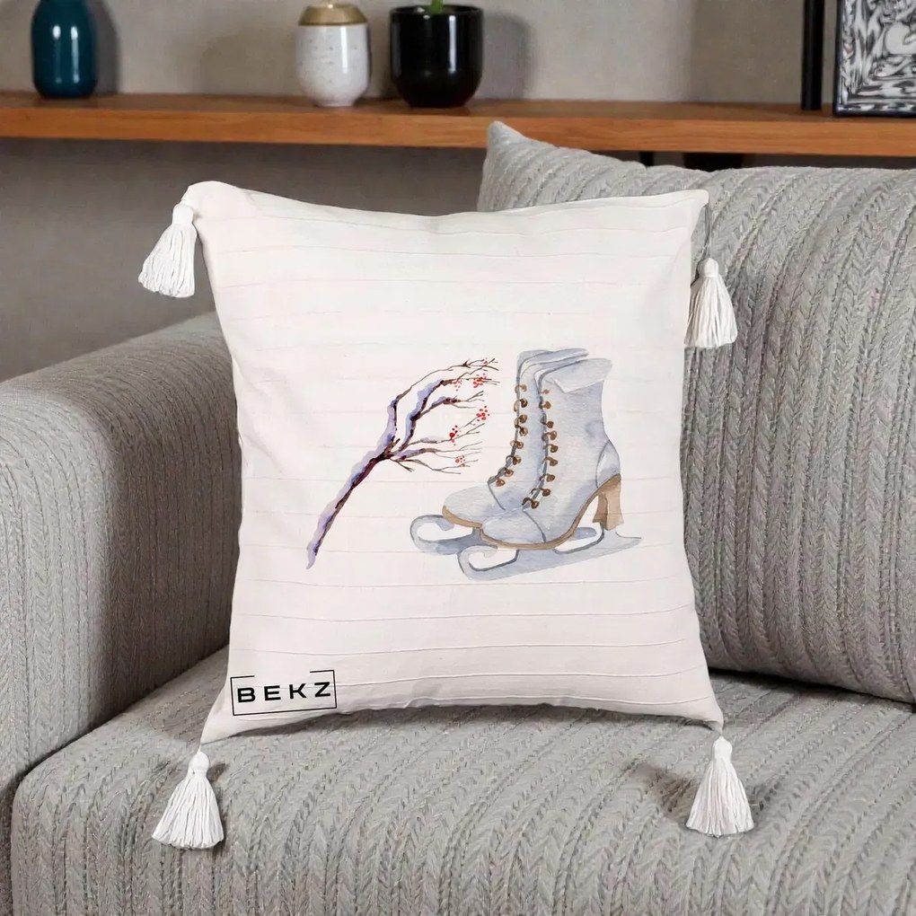 Perna Decorativa Patine cu Ramuri Inzapezite, 40x40 cm, Bej cu Franjuri, Husa Detasabila, Perna Inclusa, BEKZ®