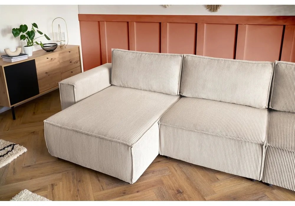 Colțar crem cu tapițerie din catifea reiată (cu colț pe partea dreaptă/în formă de "U") Nihad modular – Bobochic Paris