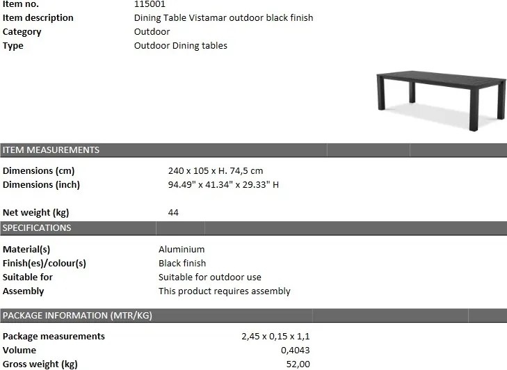 Masa design LUX din aluminiu Vistamar negru, 240x105cm 115001 HZ