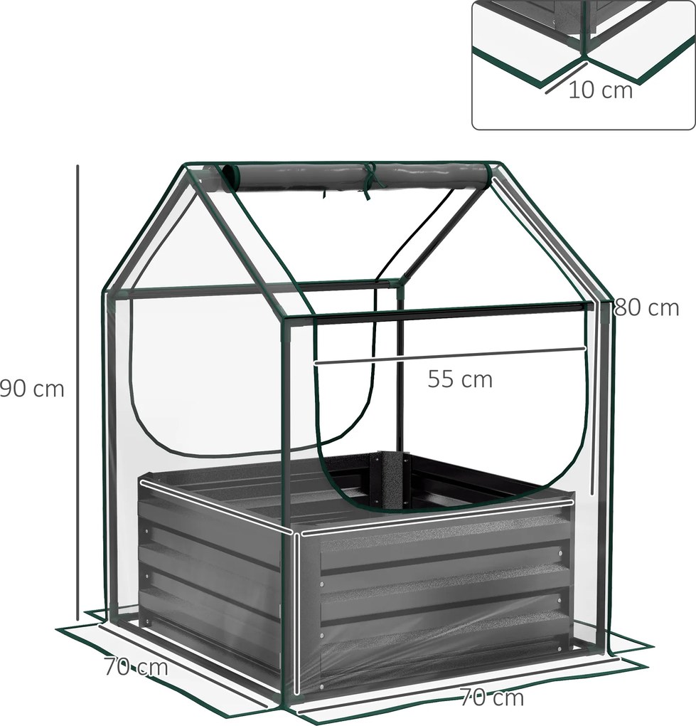 Outsunny Pătrat pentru grădină cu mini-seră, jardiniere ridicată din oțel galvanizat, 70 x 70 x 90 cm, gri închis | Aosom Romania