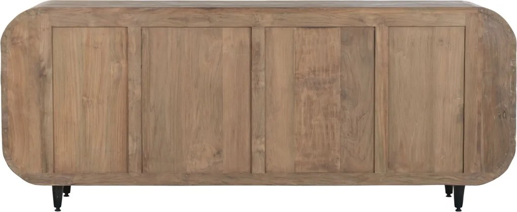 Bufet rustic din lemn de tec reciclat, natur, cu 4 uși cu colțuri rotunjite și picioare din metal negru, 80 x 200 x 45 cm, „Granville”