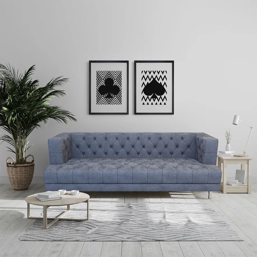 CANAPEA CATIFEA LUX CHESTERFIELD, 210X88X75 CM, CULOARE GRI, SEZUT SPUMA, CADRU LEMN, PICIOARE METAL ARGINTIU