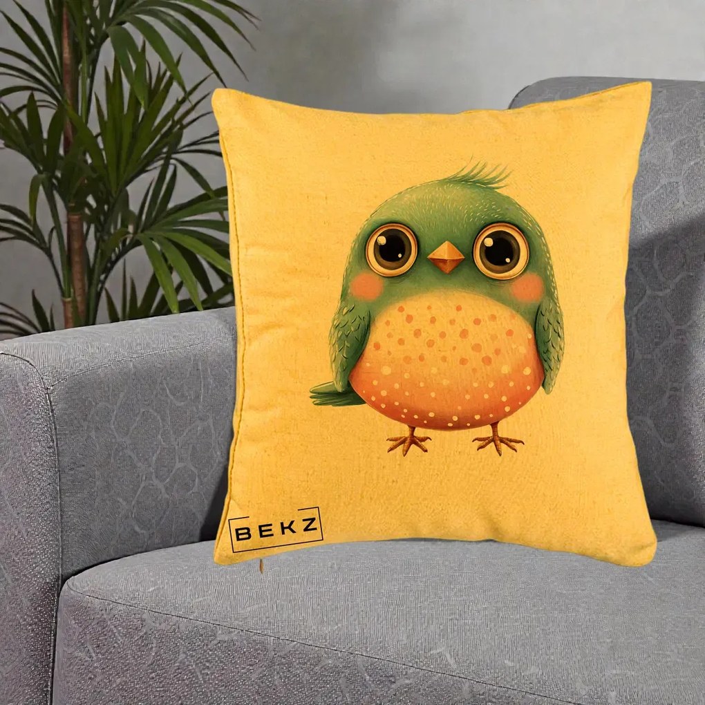 Perna Decorativa Pasare Teal-Roz cu Pete, 40x40 cm, Galben, Husa Detasabila, Perna Inclusa, BEKZ®