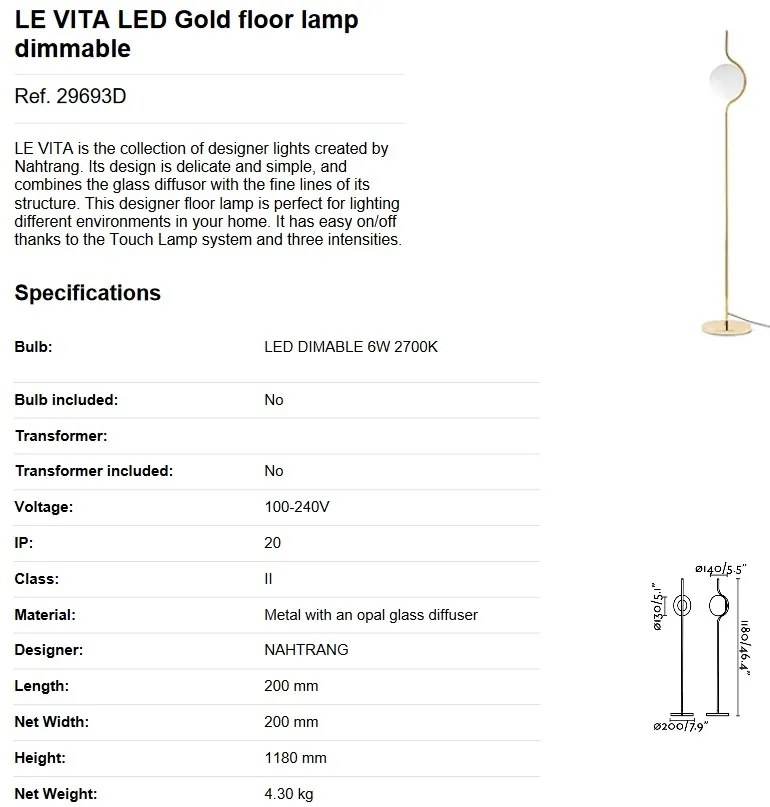 Lampadar LED dimabil design modern LE VITA LED Gold 29693D