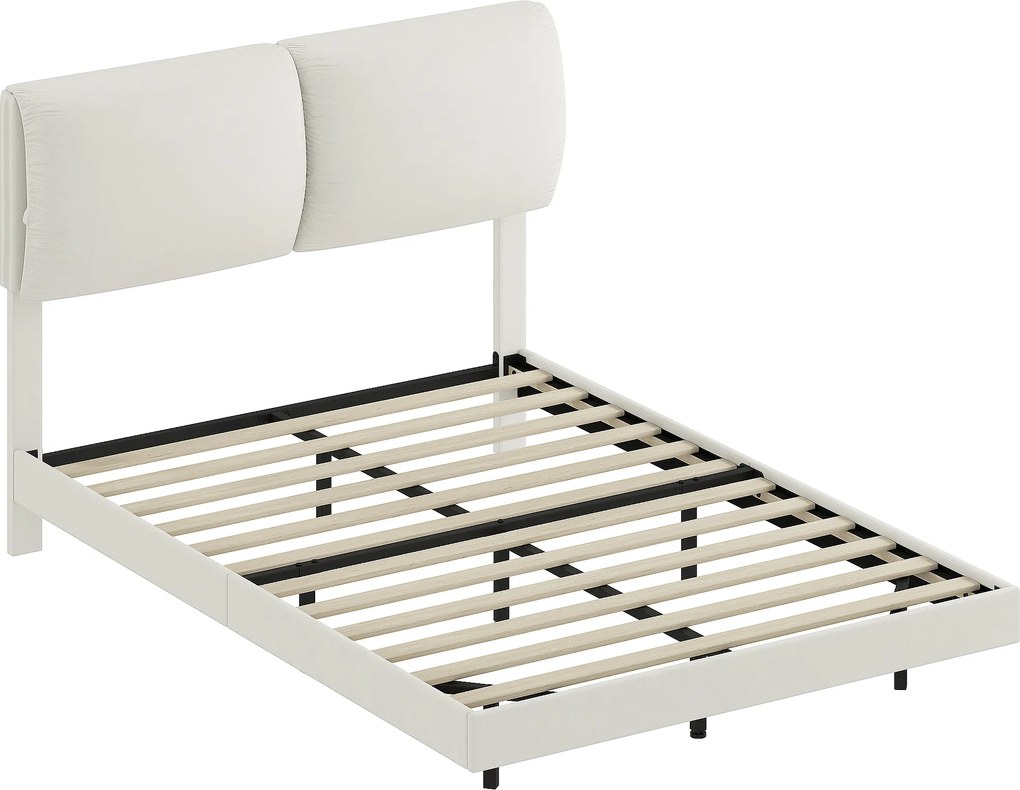 HOMCOM Pat dublu 135x190 cm Somier cu tăblie căptușită Efect plutitor Structură metalică Bej | Aosom Romania