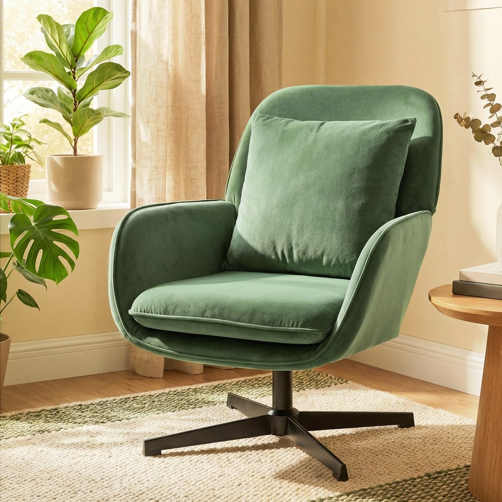 HOMCOM Fotoliu de Salon Rotativ 360° cu Pernă Lombară Detașabilă, Șezut Generos, Fotoliu Tapițat Modern din Catifea cu Cotiere, pentru Living, 73x83.5x85 cm, Verde | Aosom Romania