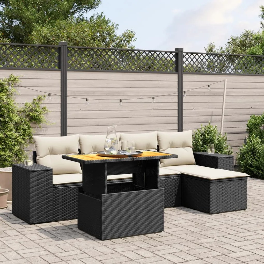 3272610 vidaXL Set mobilier de grădină cu perne, 6 piese, negru, poliratan