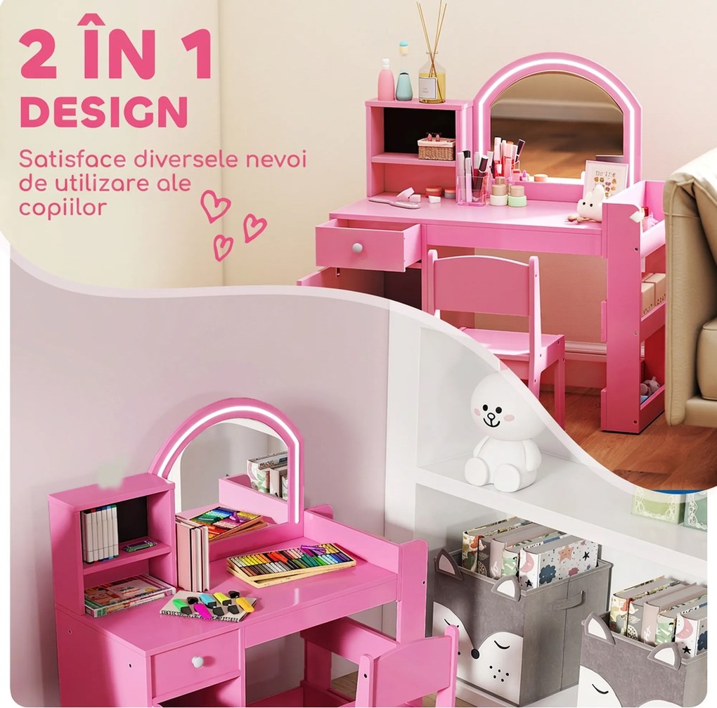 AIYAPLAY Set masă și scaun de machiaj pentru copii, cu lumini LED, MDF, Acril, 88.6 x 38.8 x 96.9, Roz | Aosom Romania